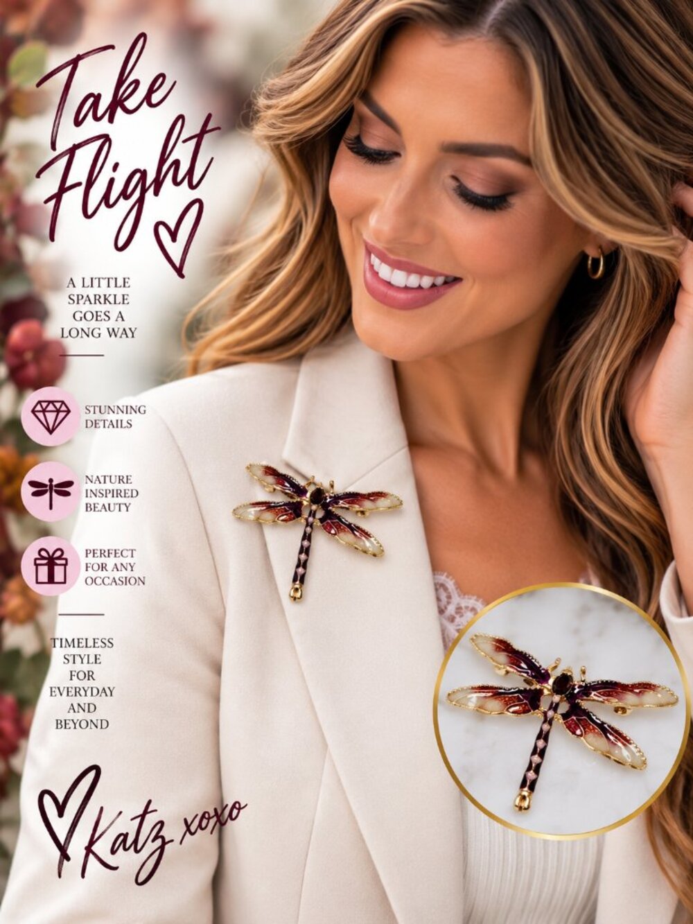 Burgundy Enamel Dragonfly Brooch Gold Tone Wine Plum Stained Glass Style Pin